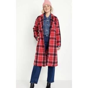 Old Navy Red Pink Plaid Overcoat Soft Brushed Trench Jacket Women's XXL 2X Plus